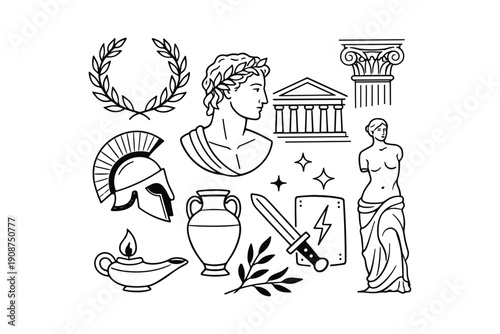 Ancient greek icons: helmet, bust, temple, column, vase, shield, laurel
