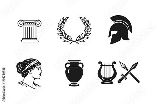 Icon set of greek symbols and artifacts: column, laurel, helmet, head, vase, lyre, spears