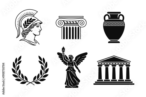 Ancient greek symbols: helmet, column, amphora, laurel, nike statue, temple