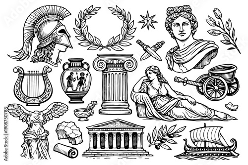 Ancient greek culture symbols and artifacts illustration with mythological figures