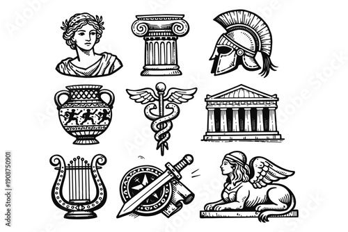 Greek mythology artifacts: statues, helm, pillars, amphora, caduceus, temple, lyre, weapons, sphinx