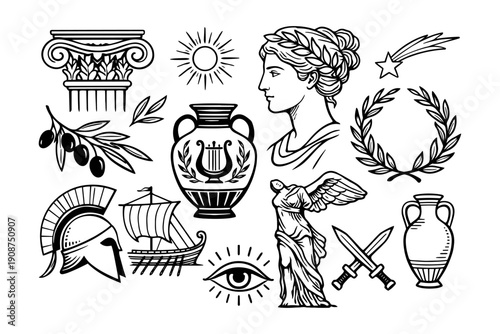 Ancient greek symbols and iconography collection featuring goddess profile and mythological elements