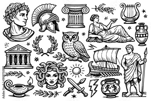 Classical greek symbols and figures: mythology, architecture, and art illustrations