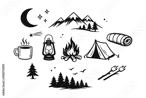 Rustic camping adventure: tent, campfire, lantern, mountain scene