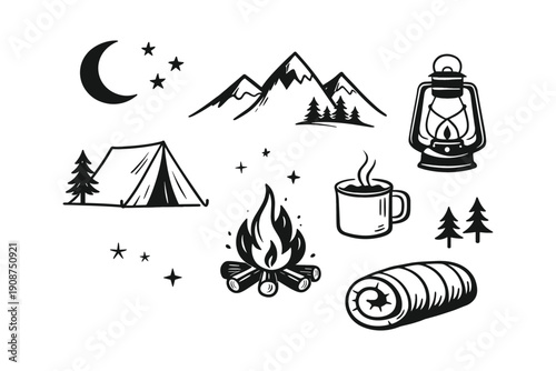 Outdoor camping icons: tent, campfire, mountains, lantern, sleeping bag, mug