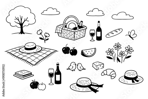 Black and white picnic illustrations with food, wine, and nature elements