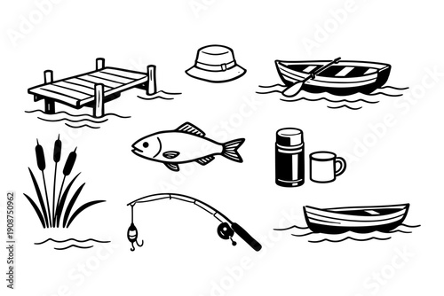Fishing and boating icons set: dock, rowboat, fish, tackle, hat, thermos