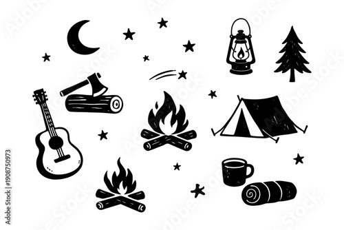 Camping adventure: campfire, tent, guitar, and lantern under starry night sky
