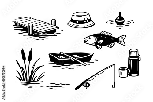 Vintage fishing icons: boat, fish, pier, hat, thermos, rod, lake scene