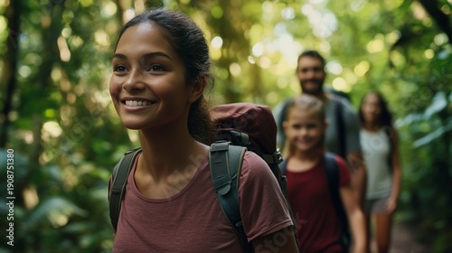 Happy family enjoying a day out in nature, hiking through a lush green forest, smiling and bonding together while exploring the outdoors