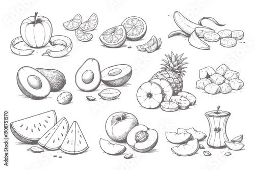Hand-drawn fruit illustrations featuring banana, orange, avocado, pineapple, watermelon