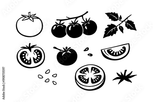 Black and white tomato illustrations: whole, sliced, cherry, seeds, leaves
