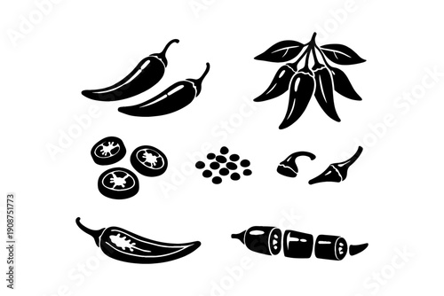 Black and white chili pepper illustrations in various styles and forms