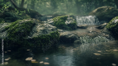 Captivating close-up of a serene stream with mossy rocks and lush forest backdrop