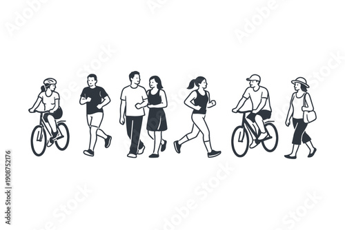 Diverse group of people engaging in outdoor activities such as biking and walking