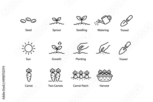 Gardening icon set: seeds, sprouts, tools, and harvest