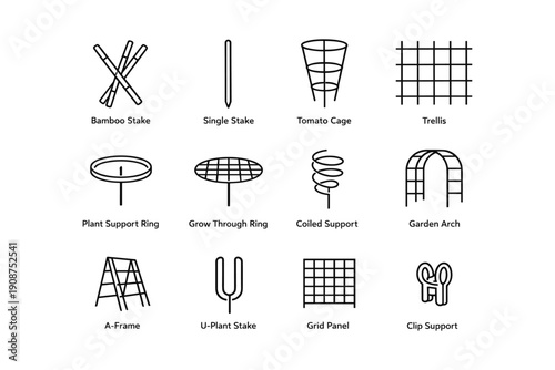 Garden plant support structures: bamboo stake, trellis, tomato cage, and more