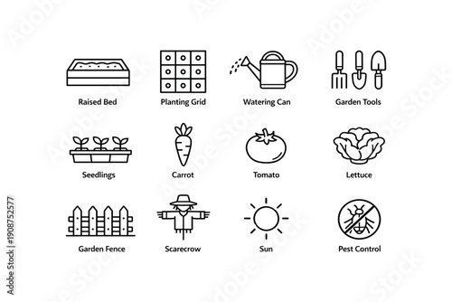 Garden icons: tools, crops, and protection for efficient gardening