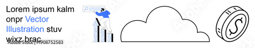 Business growth, financial planning, money concepts, digital payments, cloud storage, and technology. Person analyzing graph, cloud icon and coin. Financial planning and business growth concepts