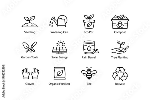 Eco-friendly gardening icons: seedling, watering can, compost, solar energy, recycle symbols