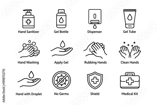Hand hygiene icons: sanitizer, gel, dispenser, handwashing, no germs, medical kit