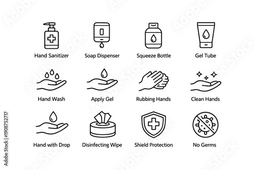 Hygiene icons: hand sanitizer, soap dispenser, clean hands, disinfecting wipe, no germs