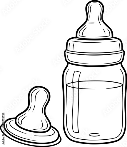 Hand-drawn vector sketch of a baby feeding bottle with measurement scale and nipple isolated on white background for newborn care and parenting design elements 