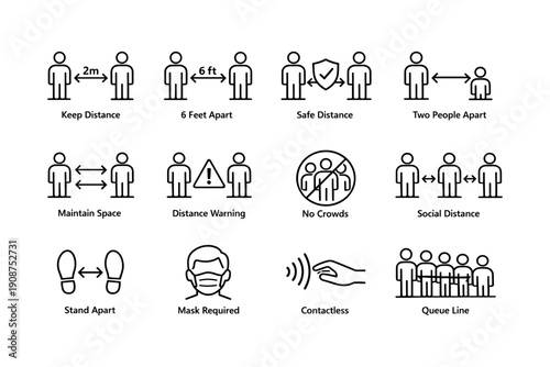 Social distancing icons: guidelines for safe interaction and preventive measures