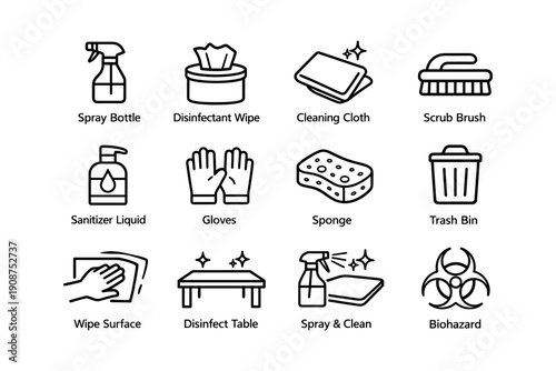 Cleaning tools and disinfection icons set including spray bottle and gloves
