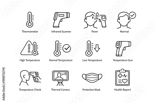 Health screening icon set: thermometers, masks, and health reports