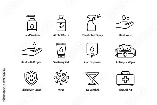 Essential hygiene icons: sanitizer, disinfectant, first aid, virus protection
