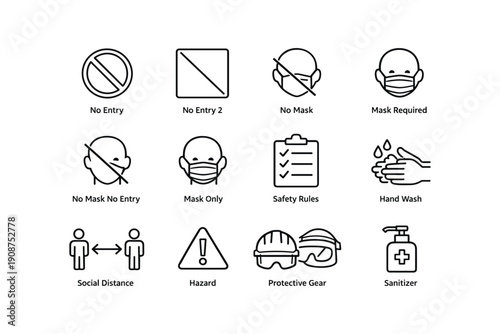 Safety signage icons for covid-19 precautions and construction guidelines
