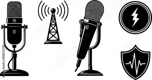 Set of black microphone icons and vintage radio broadcast symbols isolated on white background for podcasting, music, and audio recording designs.
