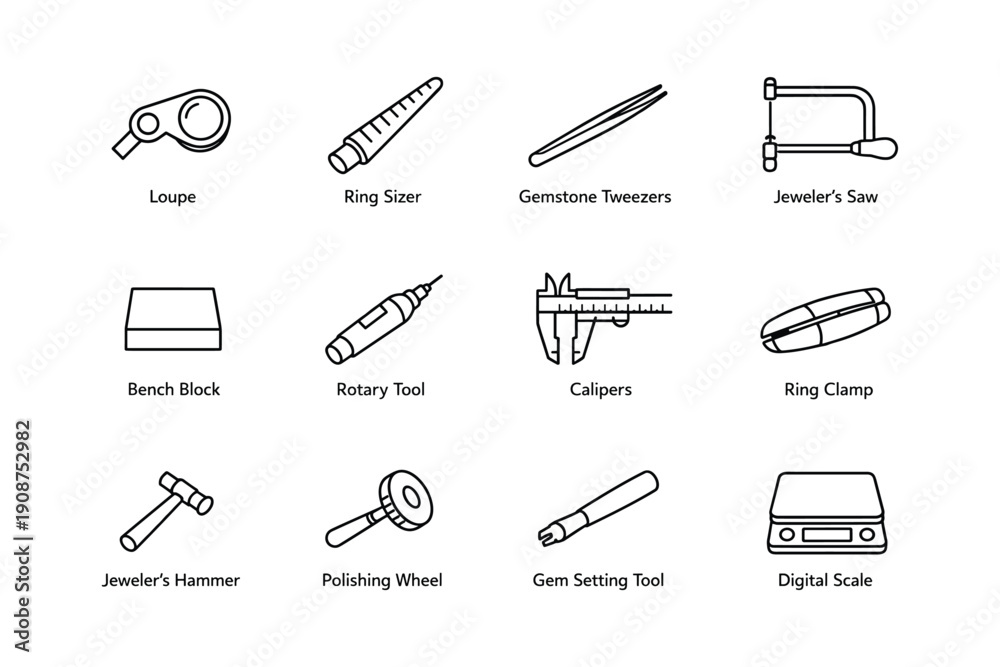 Fototapeta premium Essential jewelry making tools: loupe, tweezers, saw, hammer, and more