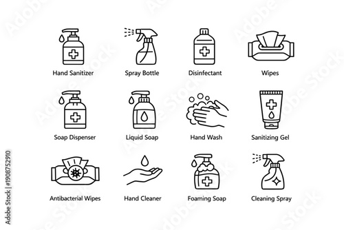 Collection of various sanitization icons for hand hygiene and cleaning