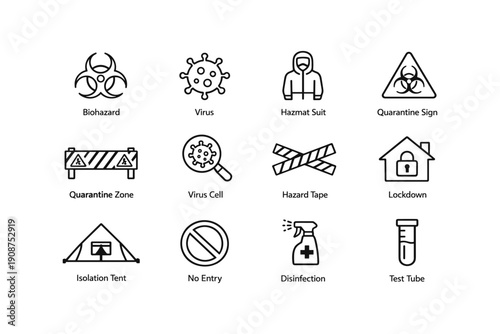 Biohazard icons: hazmat suit, virus, quarantine, lockdown, disinfection