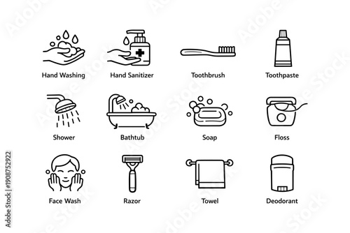 Personal hygiene icons: hand washing, sanitizer, toothbrush, toothpaste, shower, bathtub, soap, floss