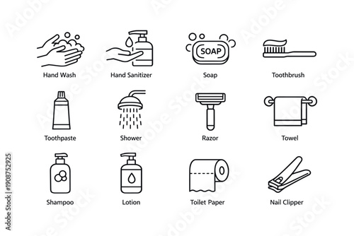 Essential hygiene icons collection: soap, toothbrush, shower, towel, shampoo