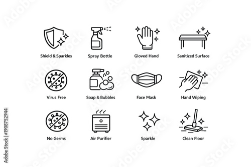 Cleaning and hygiene icons: sanitization, protection, germ-free environment