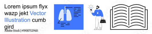 Education, healthcare, data analysis, research, learning, business insights. a medical lungs chart, a man holding a light bulb and an open book. Education and healthcare ideas