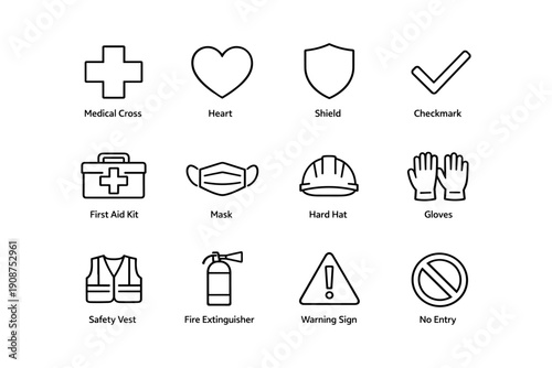 Safety icons set: medical cross, heart, shield, checkmark, first aid kit, mask, hard hat, gloves, vest, fire extinguisher, warning signs