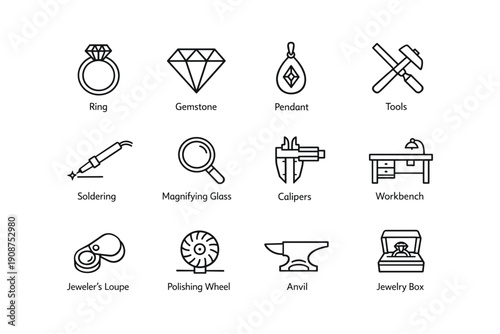 Jewelry making icons: ring, gemstone, tools, workbench, pendant, anvil