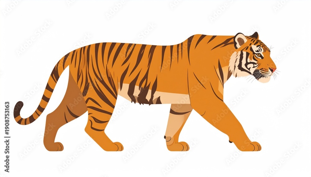 Obraz premium Side view of an orange and black striped tiger walking across a white background