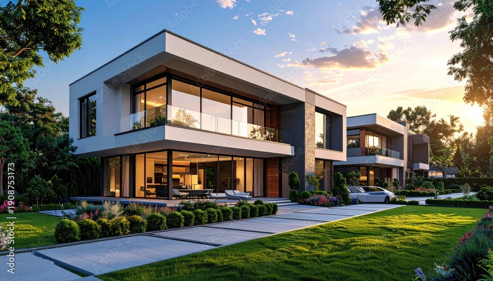 Fototapeta premium Modern, multi-level house with large windows, set amidst lush landscaping at sunset