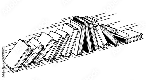 A pile of books lies scattered on the floor, monochrome vector illustration, close-up view