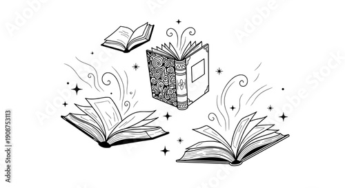 An open book with heart-shaped pages vector illustration surrounded by flying books in a whimsical environment from a straightforward viewpoint