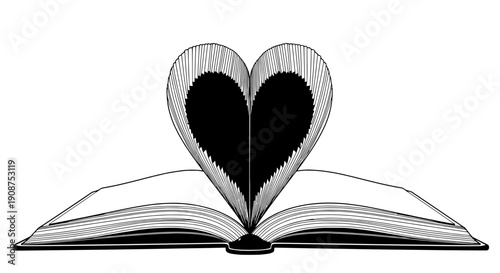 A heart-shaped bookmark in an open book, vector illustration, black and white, stationary object, close-up view