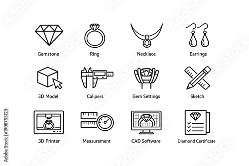 Jewelry design icons: gemstone, ring, necklace, earrings, tools, 3d model, cad software