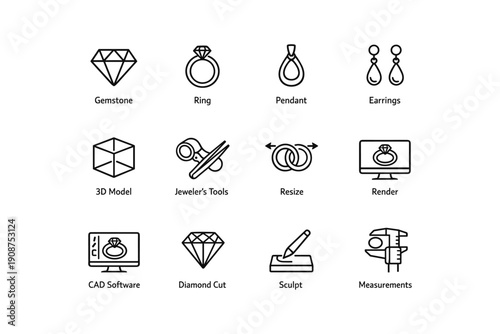 Jewelry design elements: gemstone, ring, pendant, earrings, tools