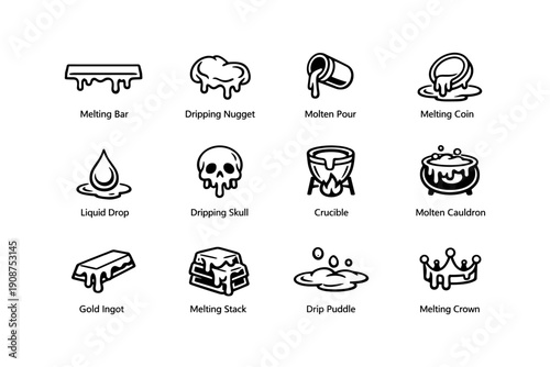 Unique icons of melting items and dripping symbols in black and white